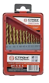 Товар «Набор сверл по металлу Strong HSS-TiN 1,5-6,5 мм (13 шт) » Фото товара «Набор сверл по металлу Strong HSS-TiN 1,5-6,5 мм (13 шт) »